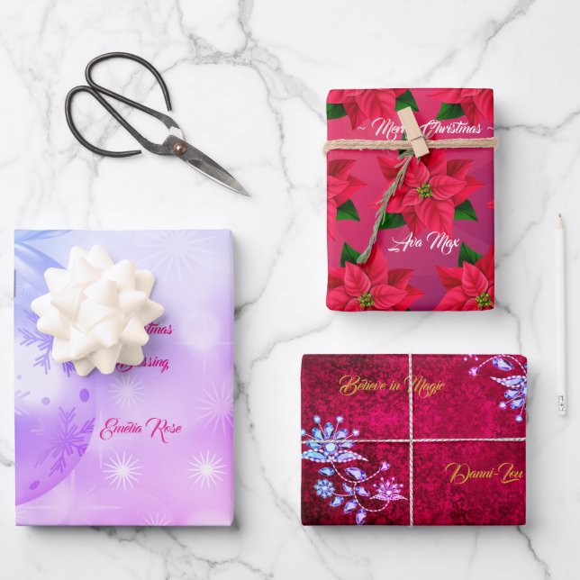 Luxury Pink & Blue Merry Christmas Holiday Spirit Wrapping Paper Sheets (Front)