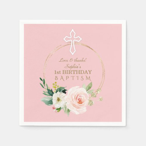 Luxury Pink Blush Floral 1st Birthday and Baptism Napkins
