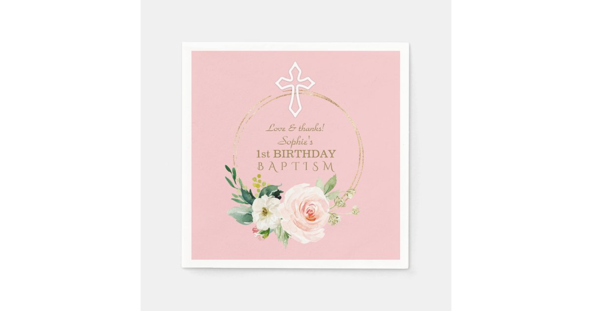 Luxury Pink Blush Floral 1st Birthday and Baptism Napkins | Zazzle