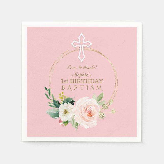 Luxury Pink Blush Floral 1st Birthday and Baptism Napkins (Front)
