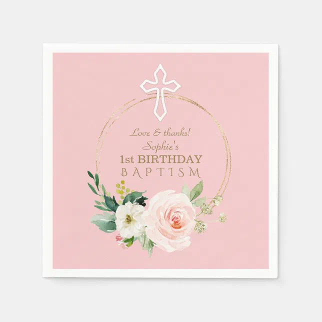 Luxury Pink Blush Floral 1st Birthday and Baptism Napkins | Zazzle