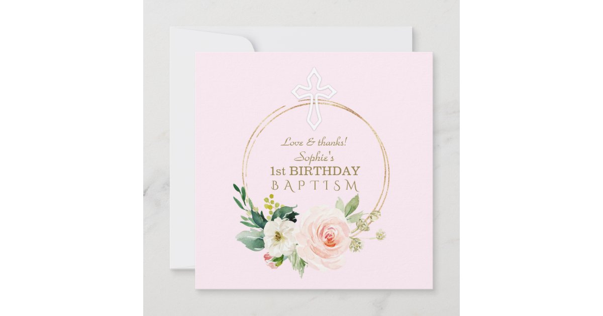 Luxury Pink Blush Floral 1st Birthday and Baptism Thank You Card | Zazzle