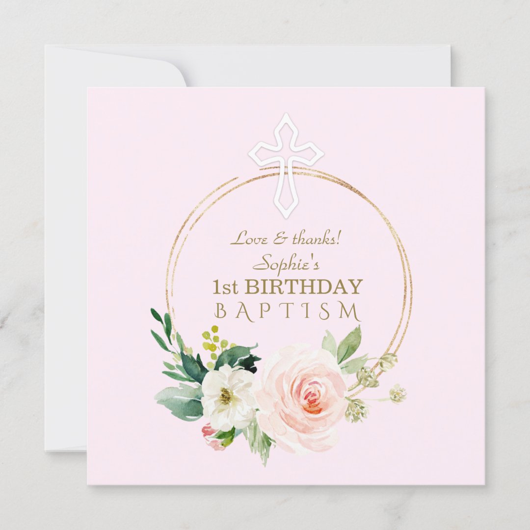 Luxury Pink Blush Floral 1st Birthday and Baptism Thank You Card | Zazzle
