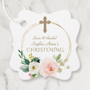 Luxury Pink Blush Floral Gold Cross Christening Favor Tags