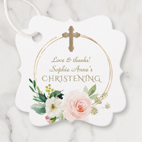 Luxury Pink Blush Floral Gold Cross Christening Favor Tags