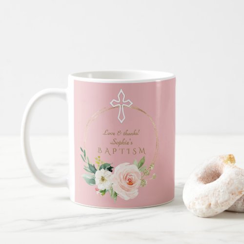 Luxury Pink Blush Floral White Cross Baptism Coffee Mug