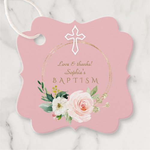 Luxury Pink Blush Floral White Cross Baptism Favor Tags