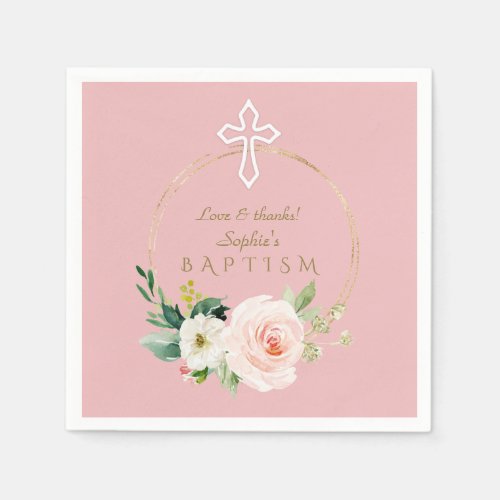 Luxury Pink Blush Floral White Cross Baptism Napkins