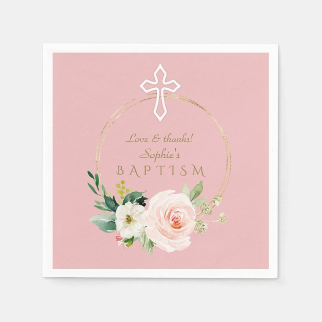 Luxury Pink Blush Floral White Cross Baptism Napkins (Front)
