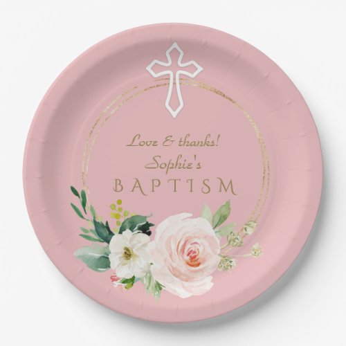Luxury Pink Blush Floral White Cross Baptism Paper Plates