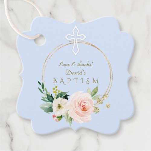 Luxury Pink Blush Floral White Cross Boy Baptism Favor Tags