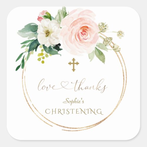 Luxury Pink Blush Floral White Cross Christening Square Sticker