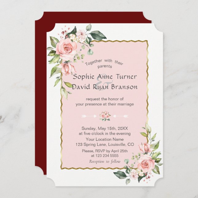 Luxury Pink Blush Flowers Gold Frame Wedding Invitation (Front/Back)