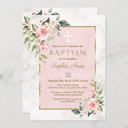 Luxury Pink Blush Flowers Gold Marble Baptism Invitation
