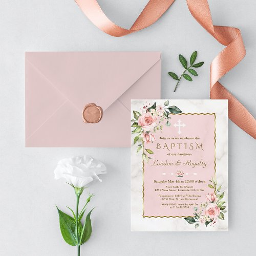 Luxury Pink Blush Flowers Gold Marble Girl Baptism Invitation