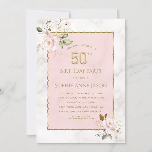 Luxury Pink Blush Flowers Marble 50th Birthday  Invitation