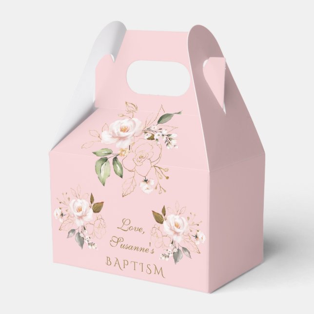 Luxury Pink Blush Gold Floral Girl Baptism Favor Boxes (Front Side)