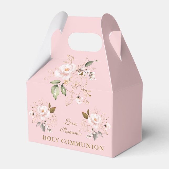 Luxury Pink Blush Gold Floral Holy Communion Favor Boxes (Front Side)