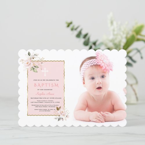 Luxury Pink Blush Gold Floral Photo Girl Baptism   Invitation
