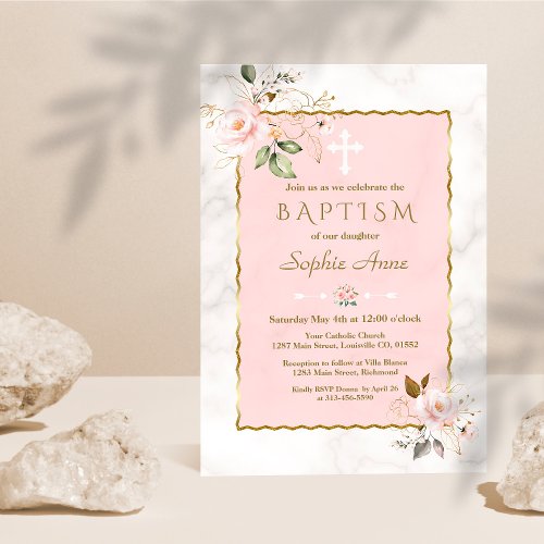 Luxury Pink Blush Gold Flowers Marble Baptism Invitation