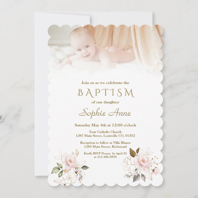 Luxury Pink Blush Gold Flowers Photo Baptism Invitation (Front)