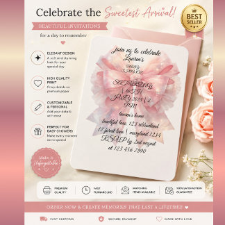 Luxury Pink Bow Baby Shower Invitation | Feminine