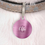 Luxury Pink Brushed Metal Monogram Pet ID Tag<br><div class="desc">Treat your pet to a touch of glamour with this chic I.D. tag,  featuring their name in elegant white script lettering over a burgundy monogram initial,  on a background of pink faux brushed metal. Customize the reverse with your phone number or text of your choice in white.</div>