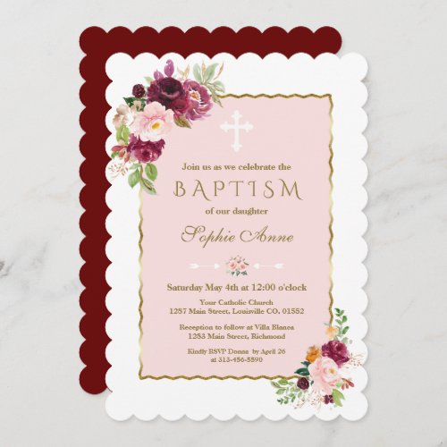 Luxury Pink Burgundy Saffron Flowers Gold Baptism Invitation