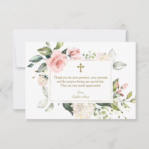 Luxury Pink Floral Frame Gold Cross Girl Baptism Thank You Card