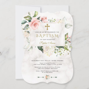Luxury Pink Floral Frame Marble Gold Cross Baptism Invitation