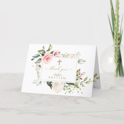 Luxury Pink Floral Frame Marble Gold Cross Baptism Thank You Card