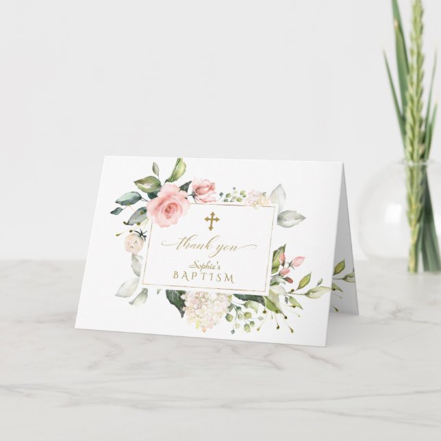 Luxury Pink Floral Frame Marble Gold Cross Baptism Thank You Card (Front)