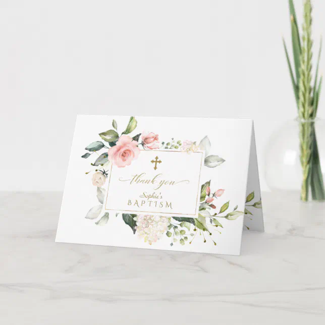 Luxury Pink Floral Frame Marble Gold Cross Baptism Thank You Card | Zazzle