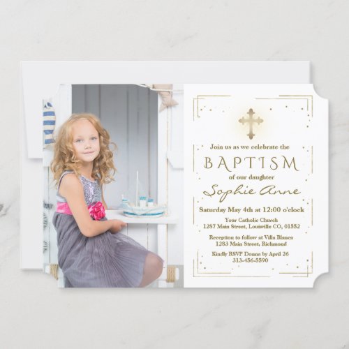 Luxury Pink Floral Gold Glitter Photo Girl Baptism Invitation