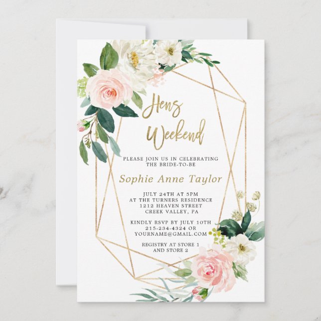 Luxury Pink Floral Rose Gold Bachelorette Weekend Invitation (Front)