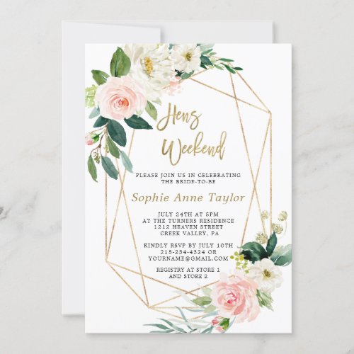 Luxury Pink Floral Rose Gold Bachelorette Weekend Invitation