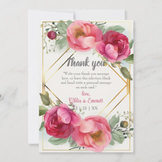 Luxury Pink Floral Wedding Greenery Gold Frame Thank You Card