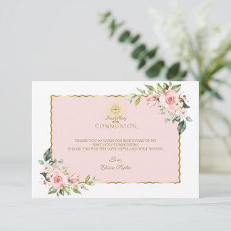 Luxury Pink Flowers Gold First Holy Communion Thank You Card