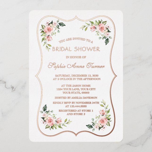 Luxury Pink Flowers Rose Gold Frame Bridal Shower  Foil Invitation (Front)