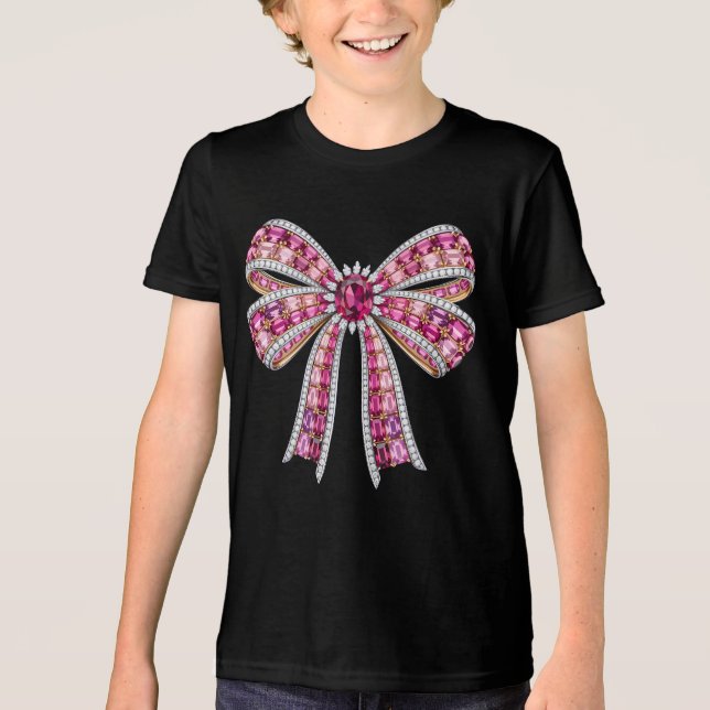 Luxury Pink Gemstone Ribbon Bow Jewelry Art Tri-Blend Shirt (Front)