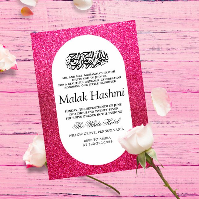 Luxury Pink Gliter Baby Islamic Aqiqa Aqeeqah Invitation (Creator Uploaded)