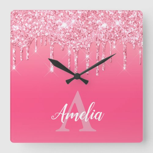Luxury Pink Glitter Drips Add Your Own Monogram Square Wall Clock