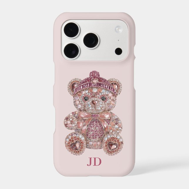 Luxury Pink Glitter Jeweled Teddy Bear Monogram Case-Mate iPhone Case (Back)