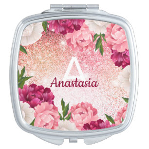 Luxury pink Glitter monogram floral Compact Mirror