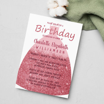 Luxury Pink Glitter Princess Dress Birthday Invitation by girly_paradise at Zazzle