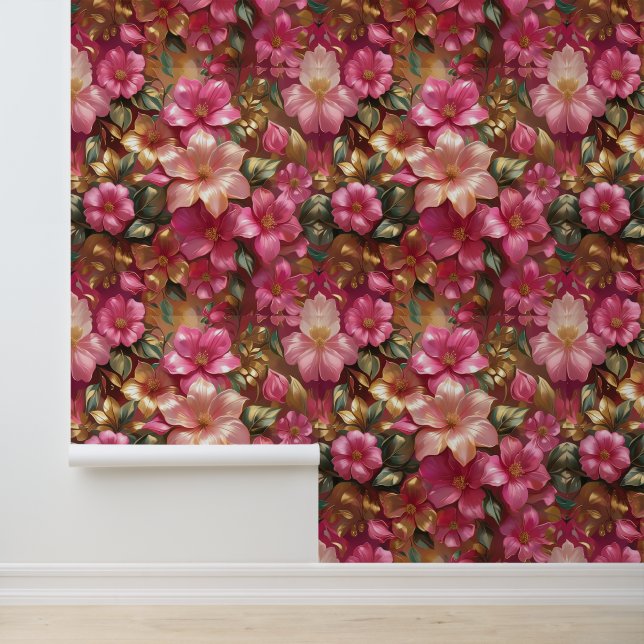 Luxury Pink Gold Botanical Wall Covering Wallpaper (Application)