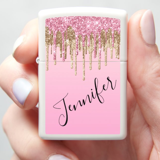 luxury pink gold dripping glitters personalized  zippo lighter (In Hand)