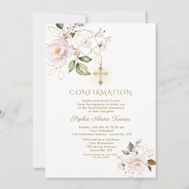 Luxury Pink Gold Floral Girl Confirmation Invitation (Front)