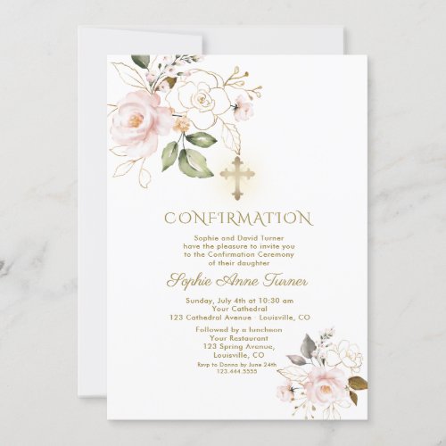Luxury Pink Gold Floral Girl Confirmation Invitation