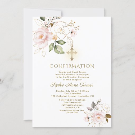 Luxury Pink Gold Floral Girl Confirmation Invitation | Zazzle